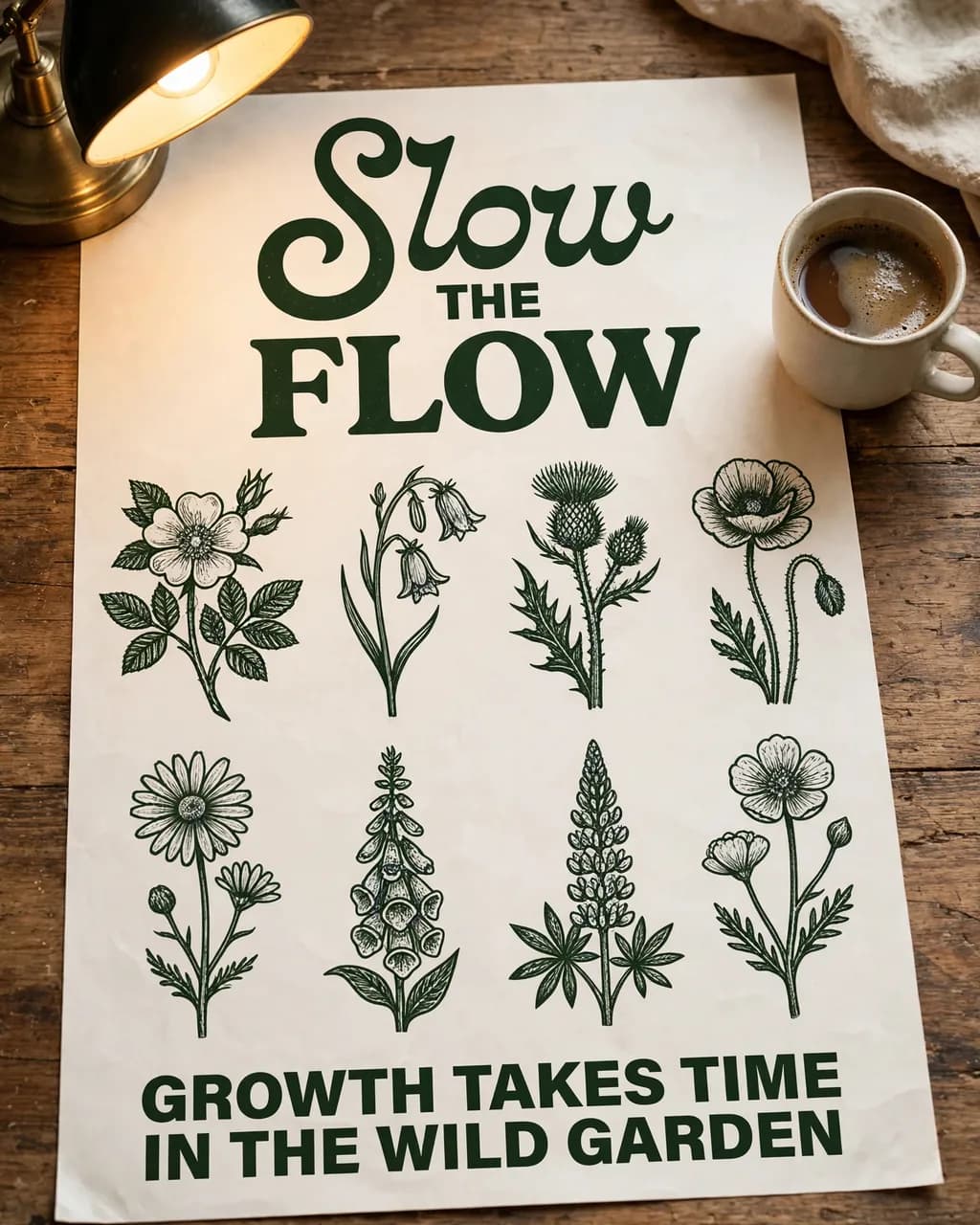 Slow the Flow wildflower poster on a wooden desk beside coffee