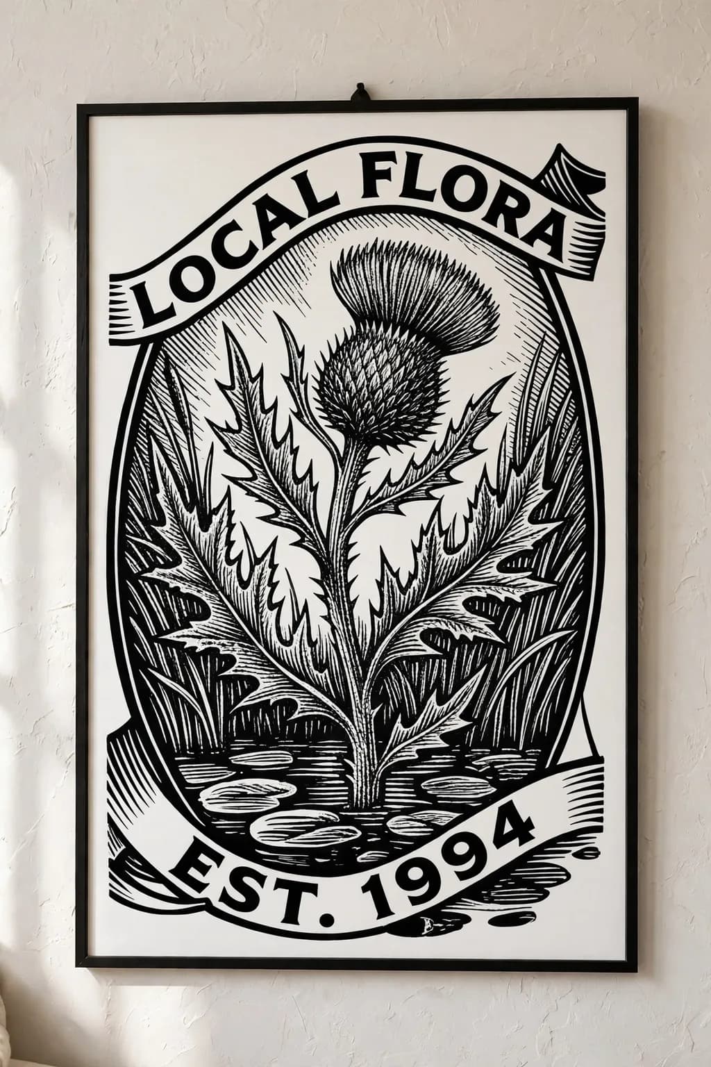 Framed Local Flora thistle engraving poster on a plaster wall