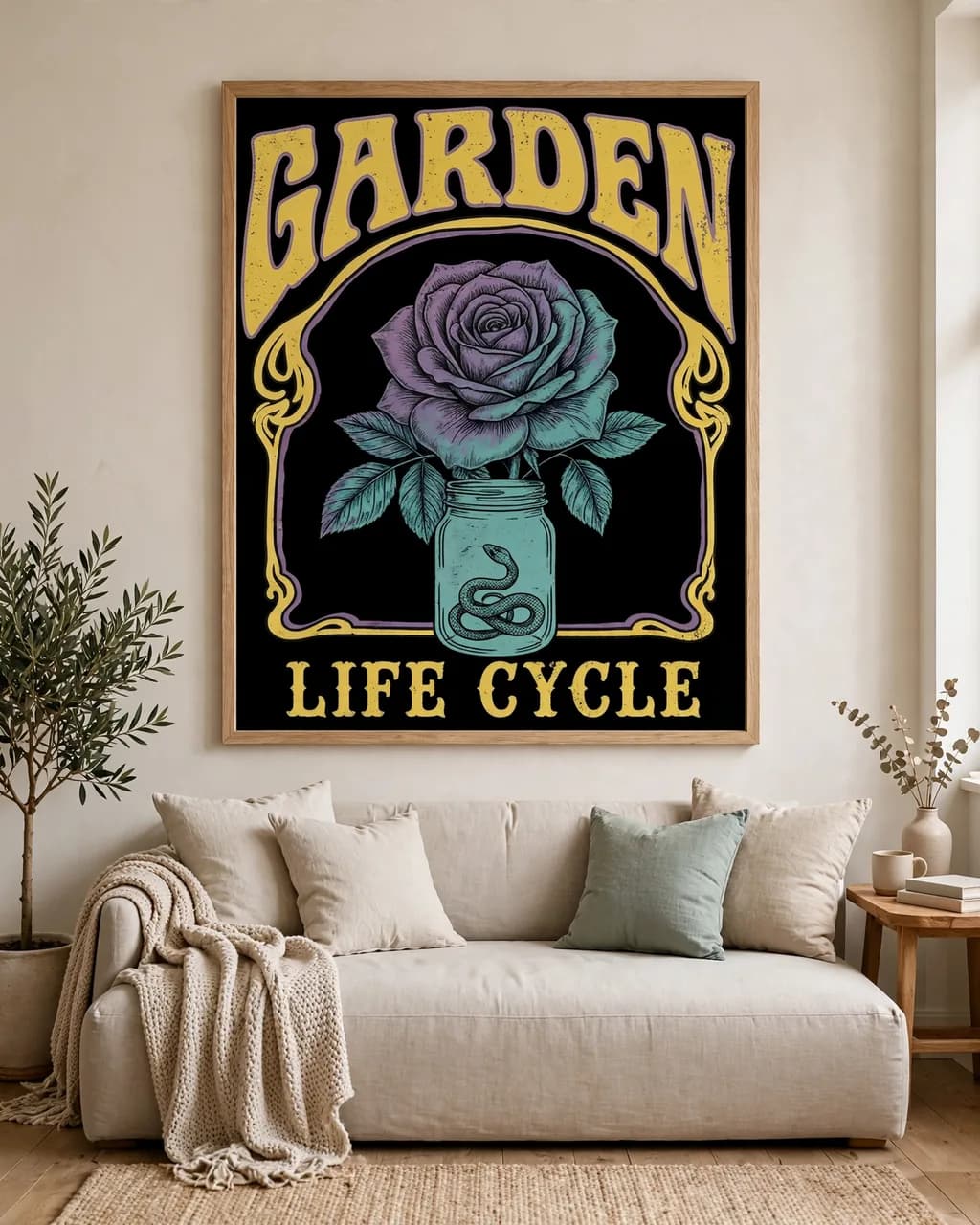 Garden Life Cycle rose poster in an oak frame above a sofa
