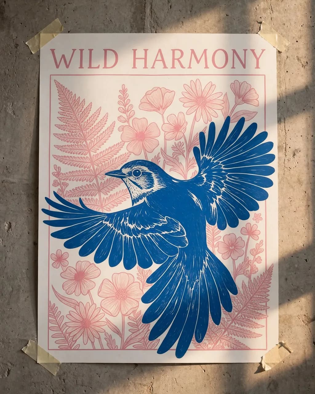 Wild Harmony bluebird and fern poster taped to a concrete wall