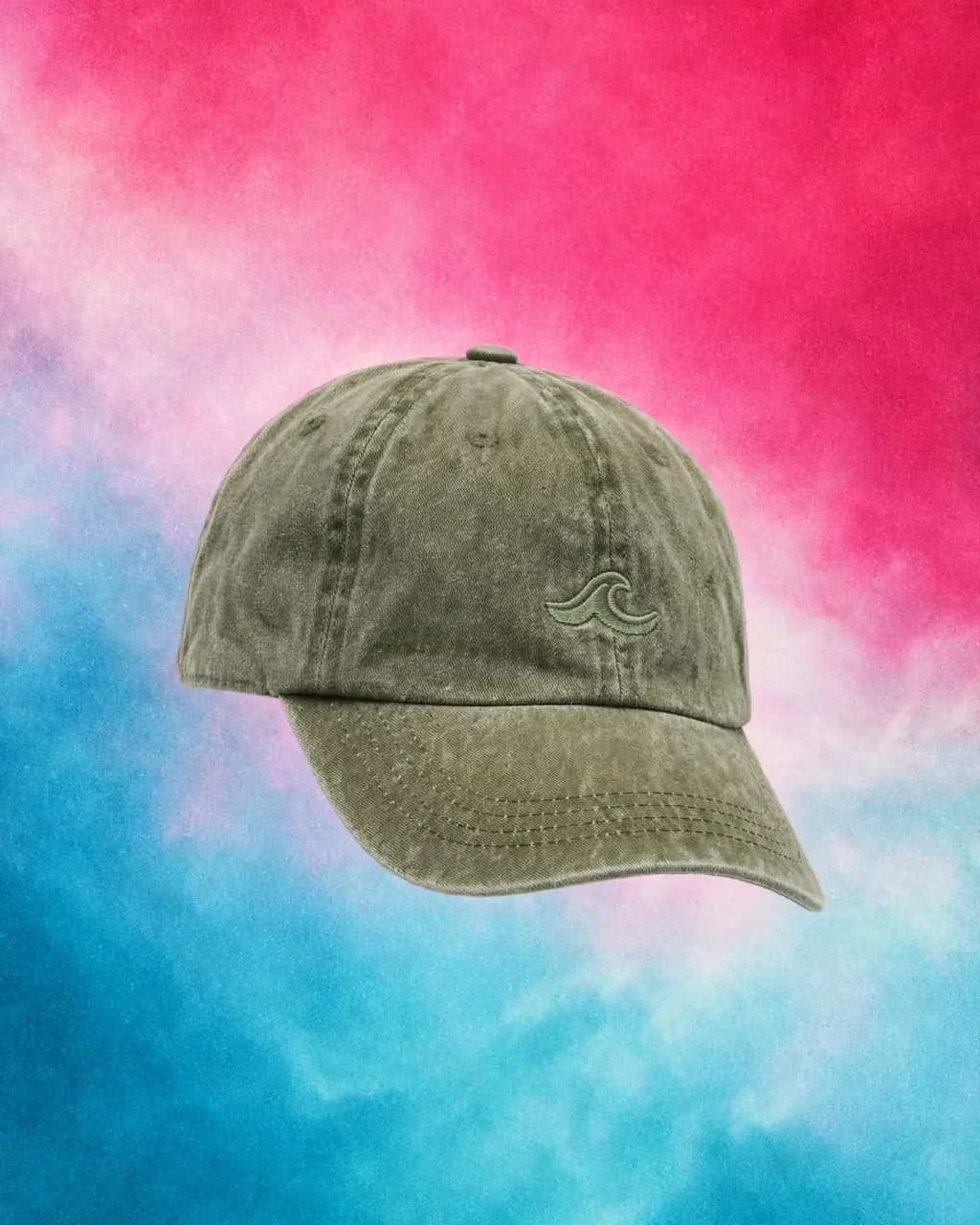 Washed olive dad cap with a small embroidered wave emblem