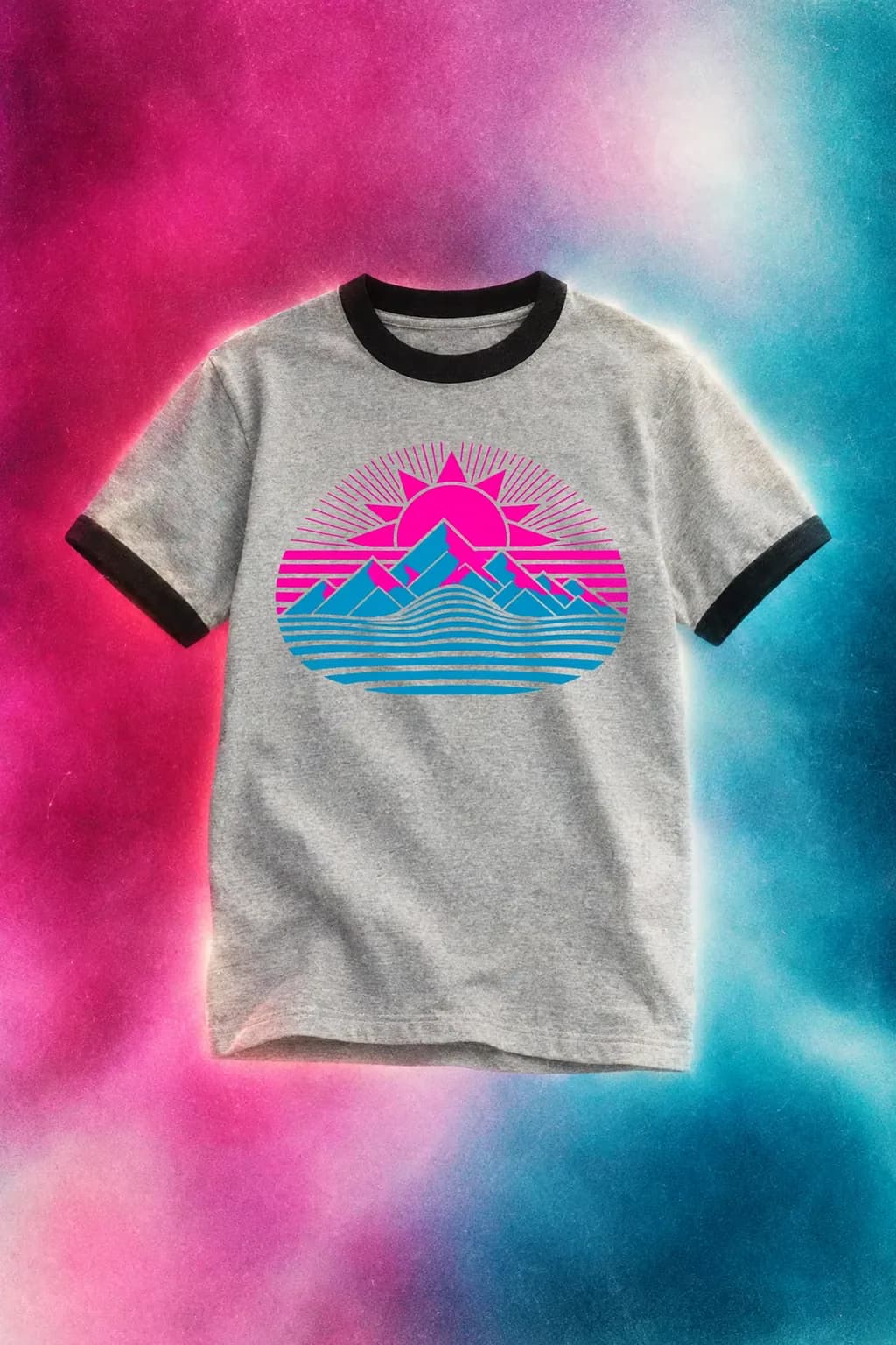 Heather grey tee with a bold two-color retro wave graphic