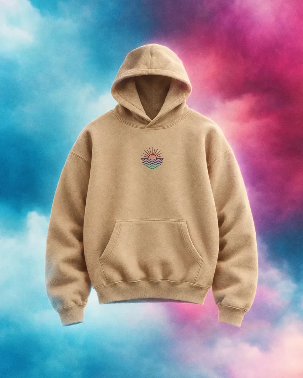 Sand hoodie with a small retro wave emblem