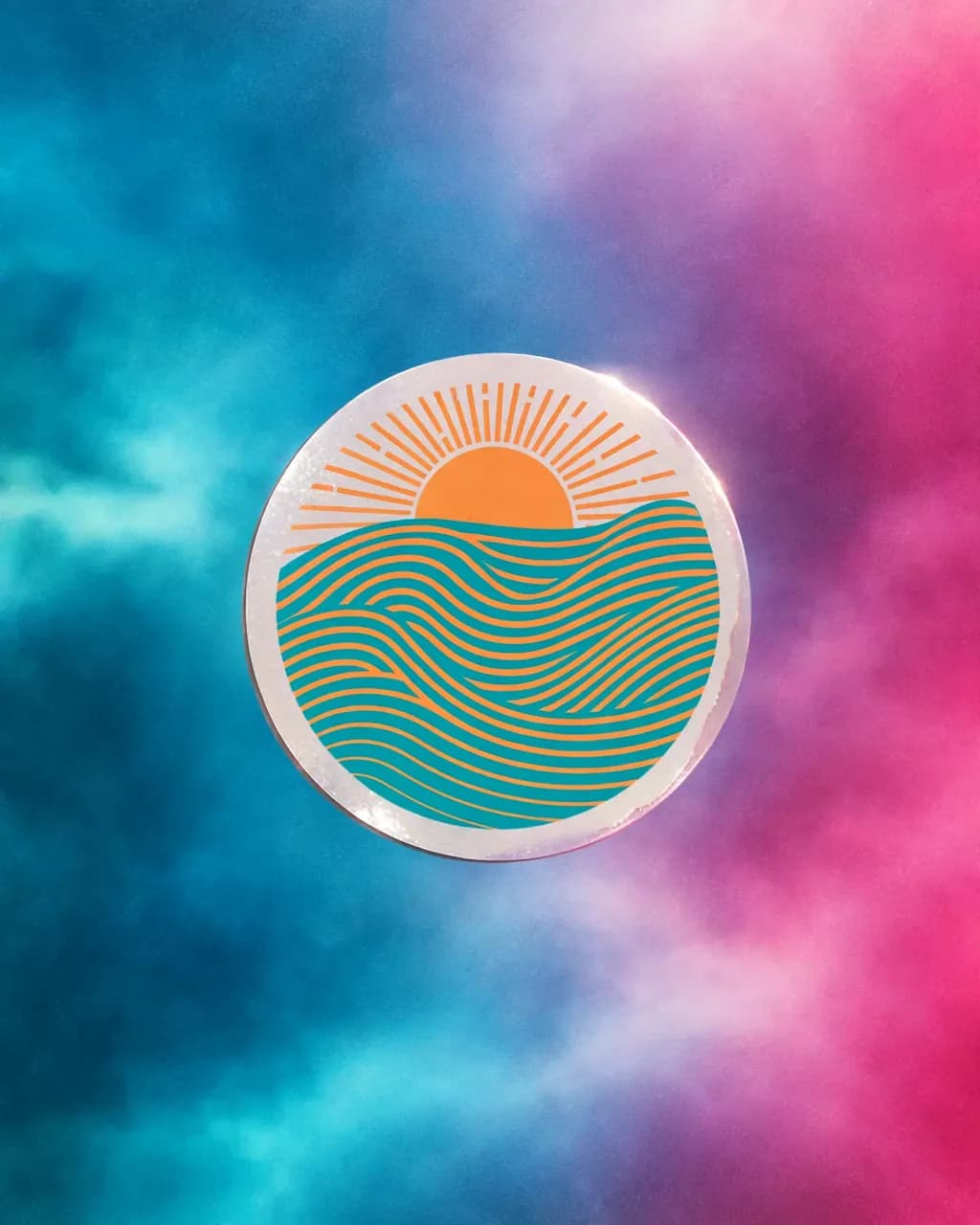 Rounded badge sticker with a retro orange and teal wave