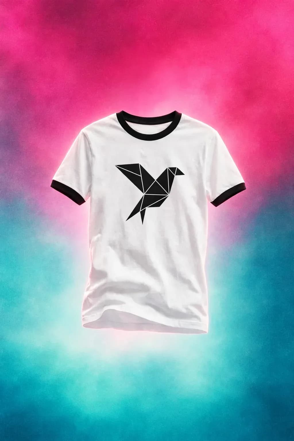 White ringer tee with a bold black geometric bird emblem