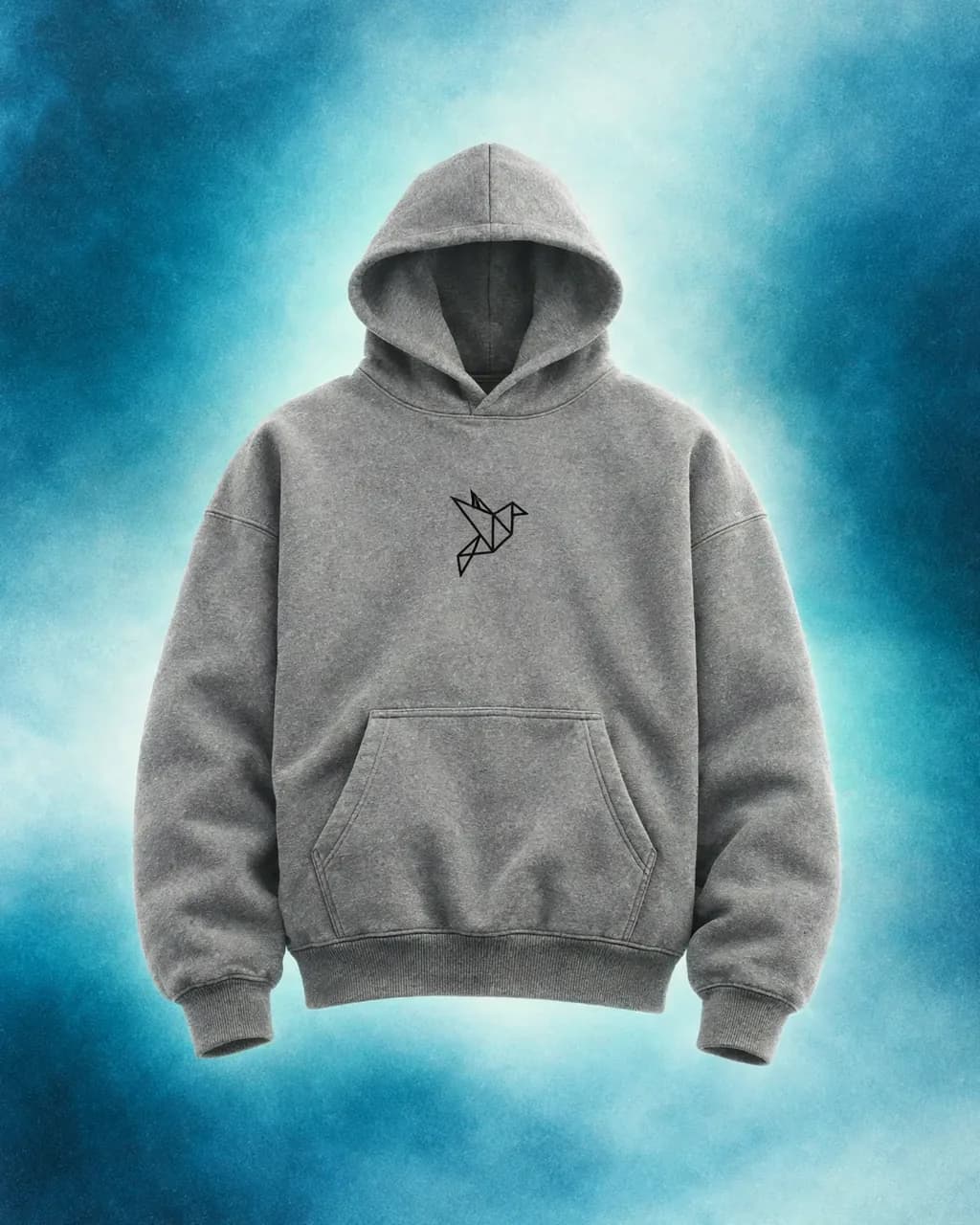 Heather grey hoodie with a black geometric bird emblem