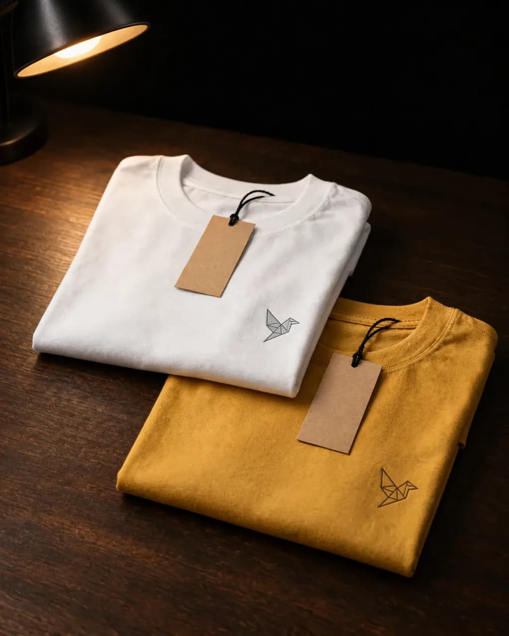 Folded white and mustard tees with a small bird emblem and a blank kraft hang tag