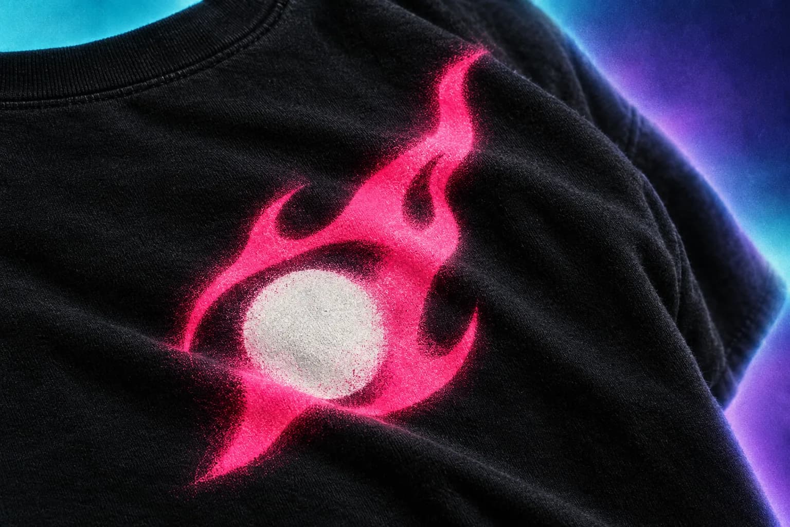 Close-up of a black t-shirt with a hot-pink flame-and-circle print on the chest