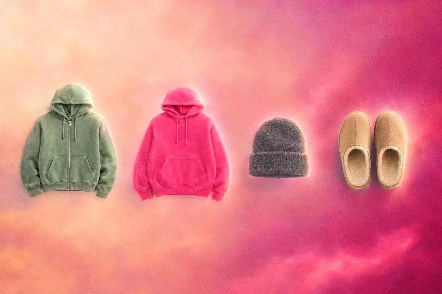 Sage zip hoodie, pink hoodie, grey beanie, and tan slippers in a row on a peach-magenta wash