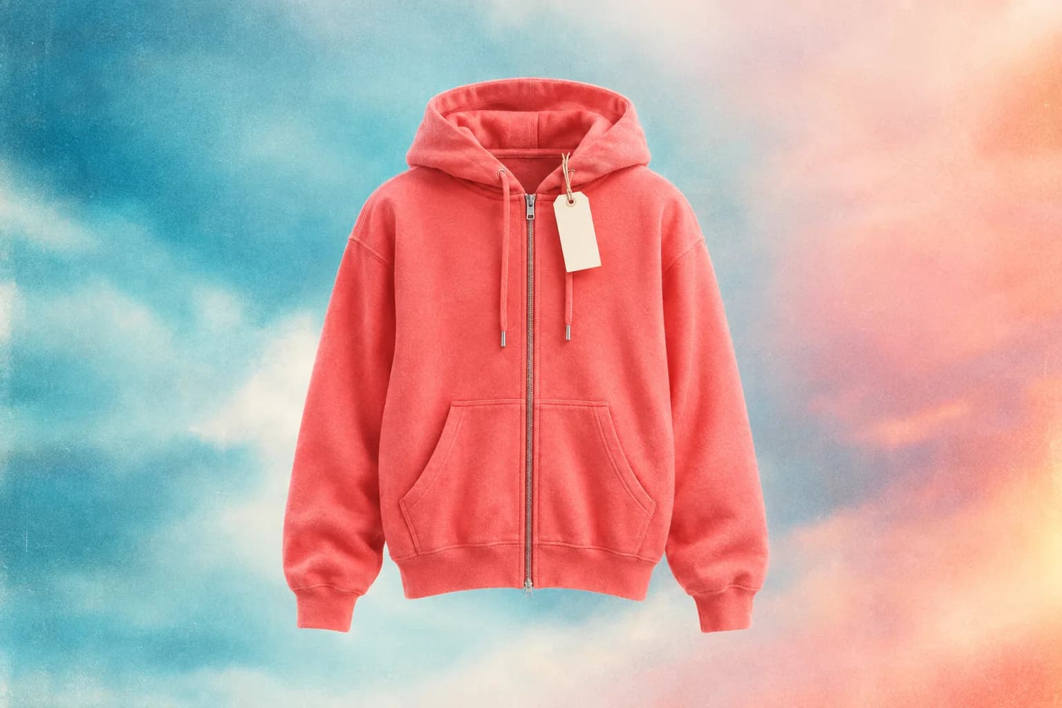 Coral zip hoodie with a blank hang tag on an ice-blue to peach sky