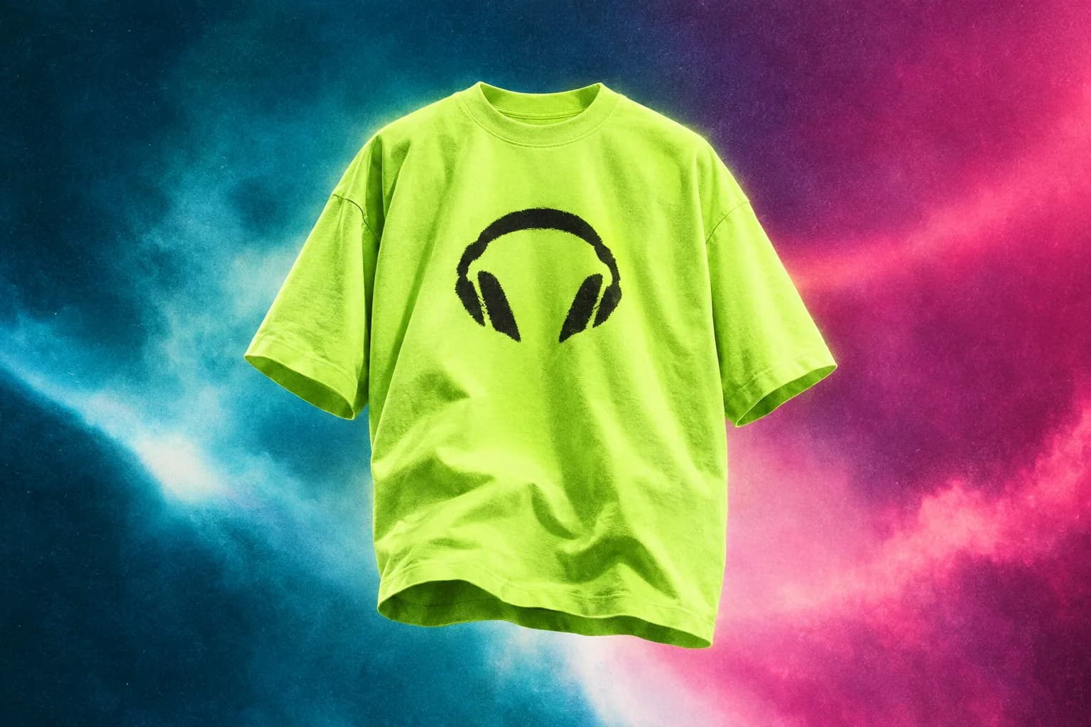Lime-green t-shirt with a simple black headset logo on a cyan-magenta field