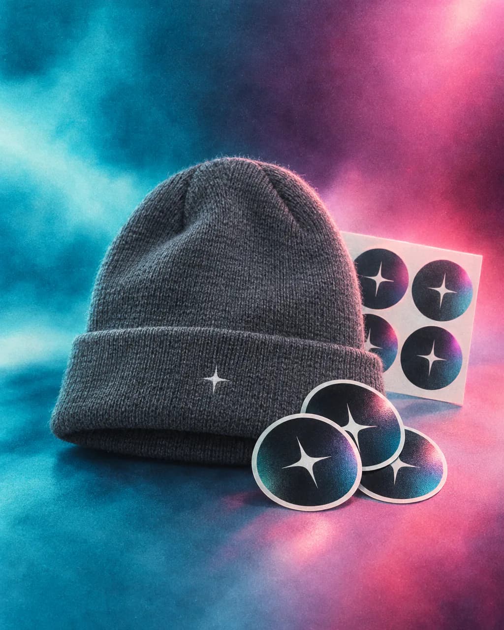 Knit beanie with a four-point star and round star stickers