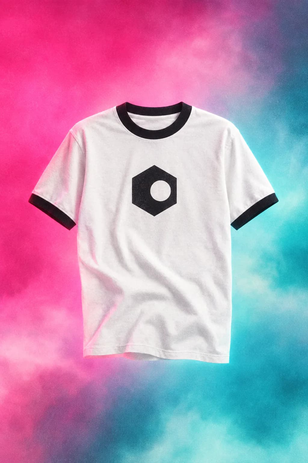 Ringer t-shirt with a hexagon-and-circle chest logo, floating