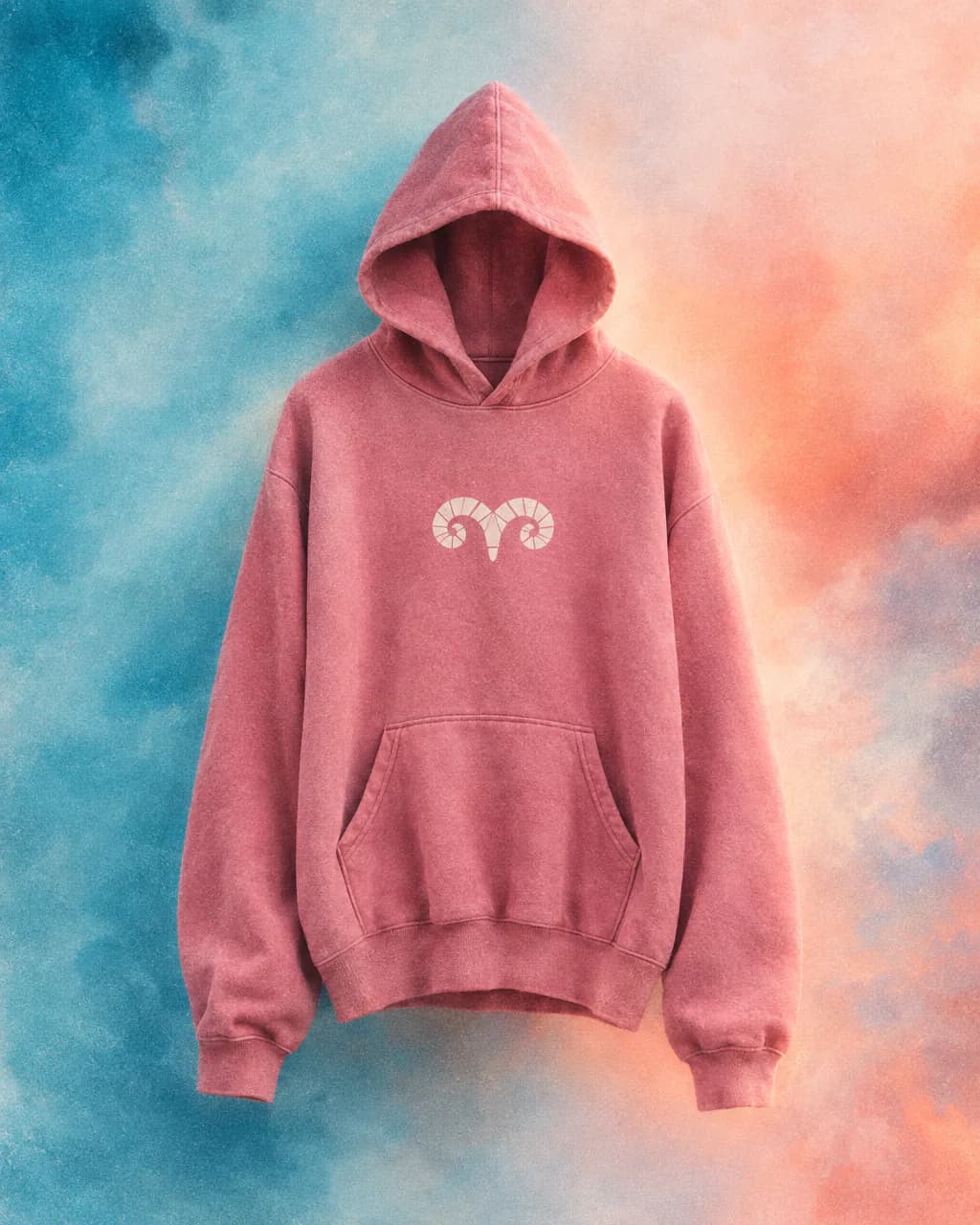 Pullover hoodie with hood up and a ram-horn chest logo