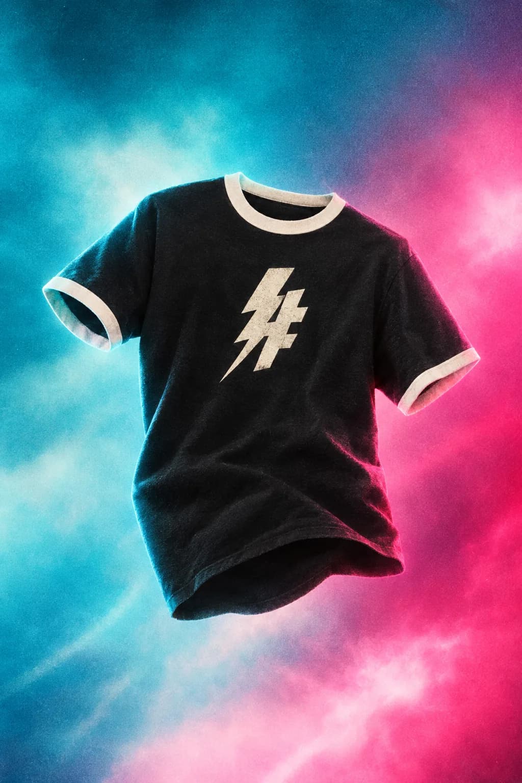 Black ringer t-shirt with a cream lightning-hash print floating as a live-store product still