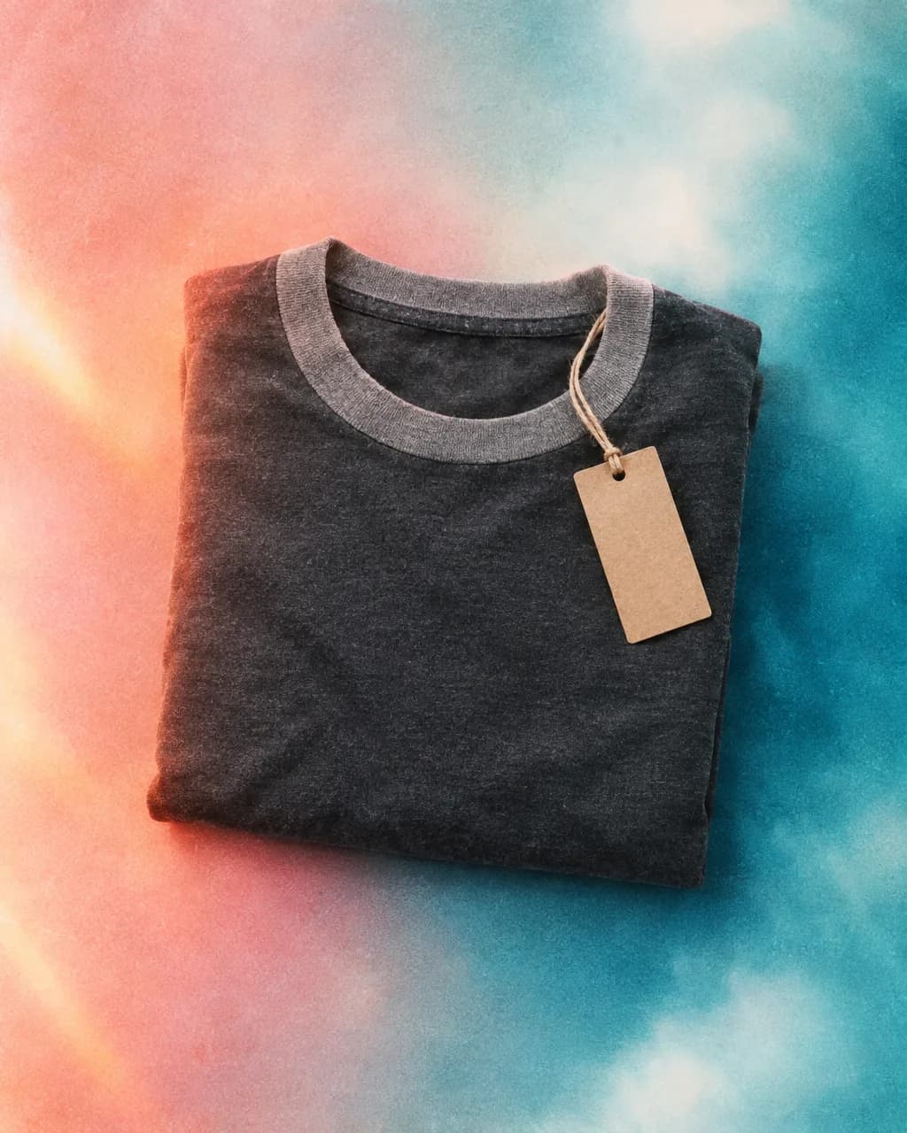 Folded charcoal ringer tee with a blank kraft paper hang tag