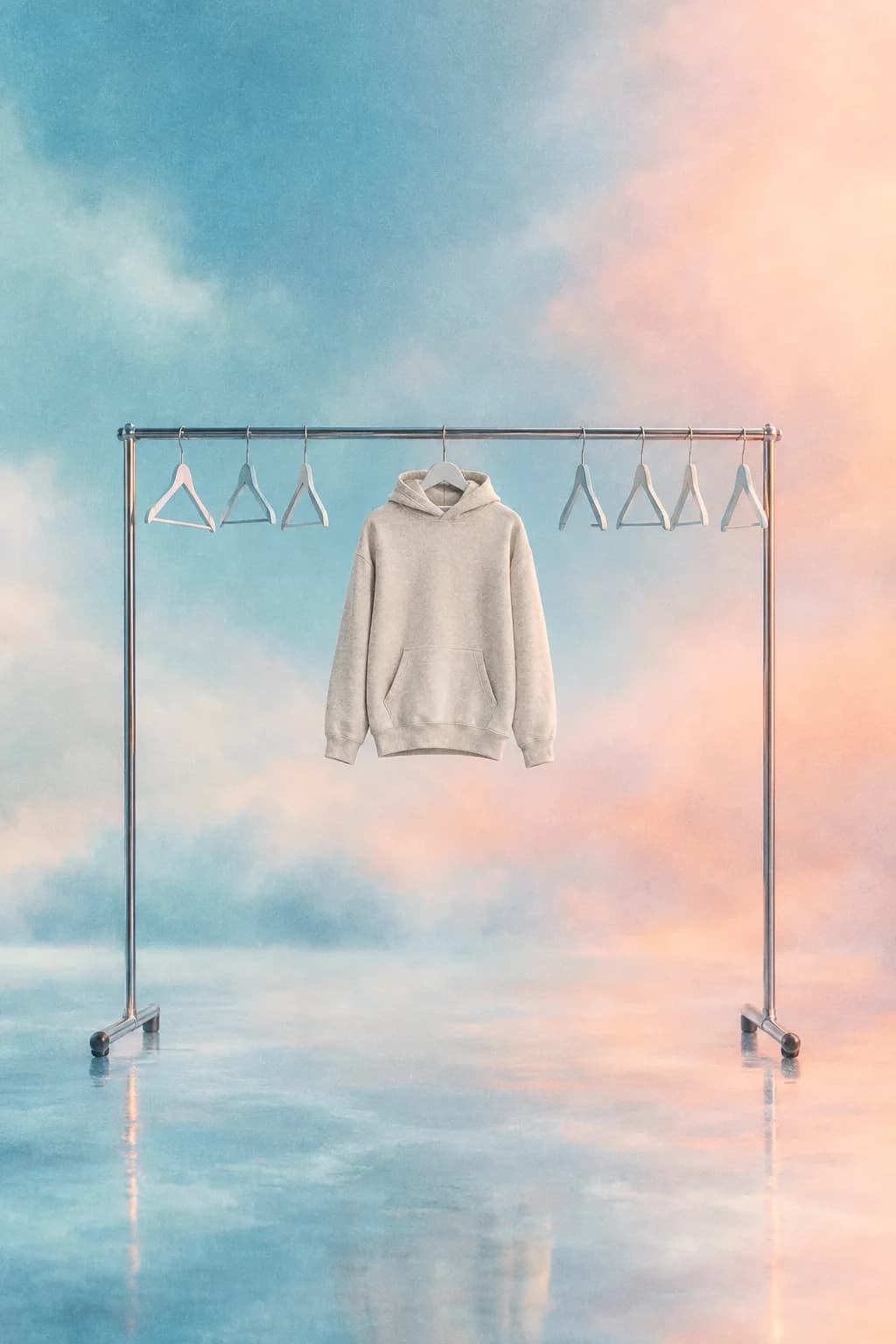 Empty clothing rail with one unprinted oatmeal hoodie and vacant hangers — no inventory to buy first