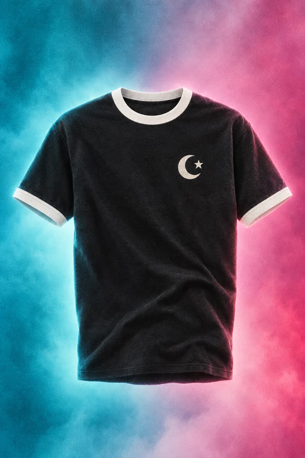 Ringer t-shirt with a crescent-and-star chest logo, floating