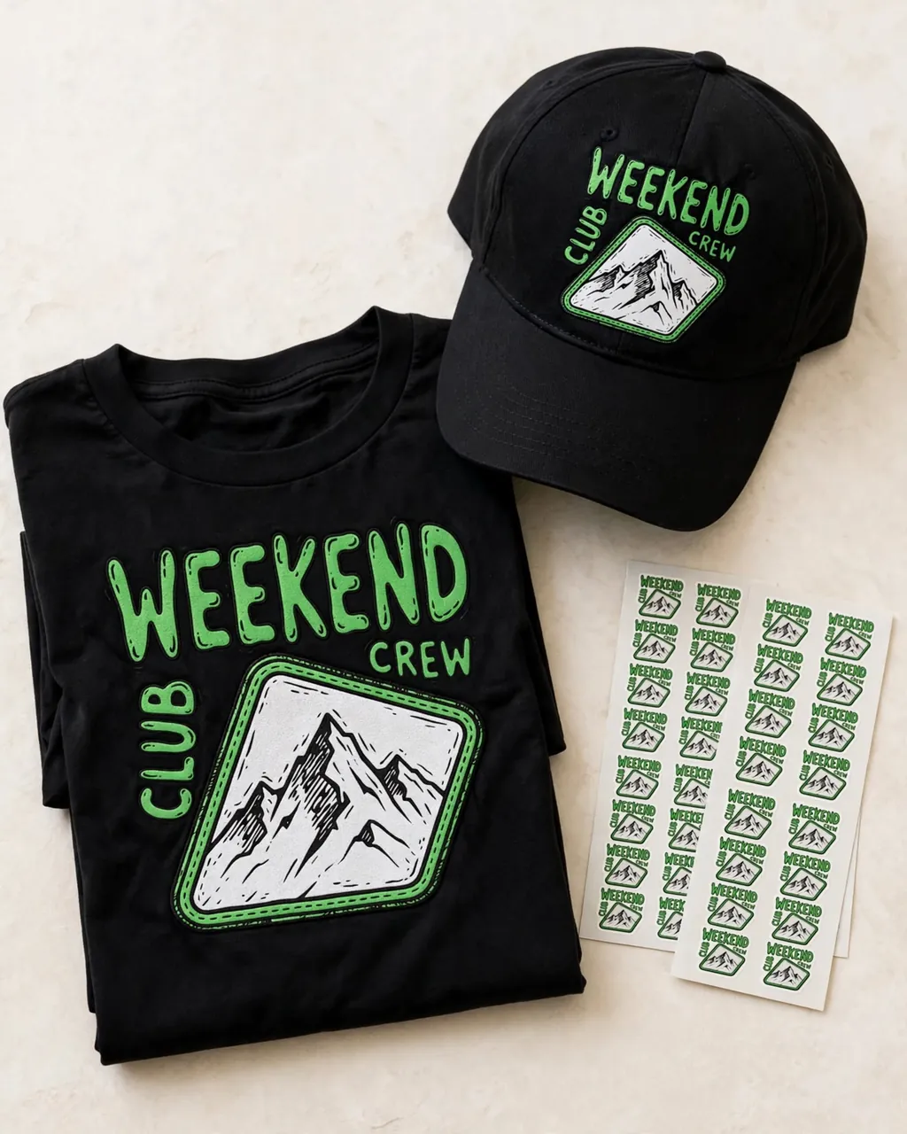 A flat-lay of a folded graphic tee, cap and sticker sheets