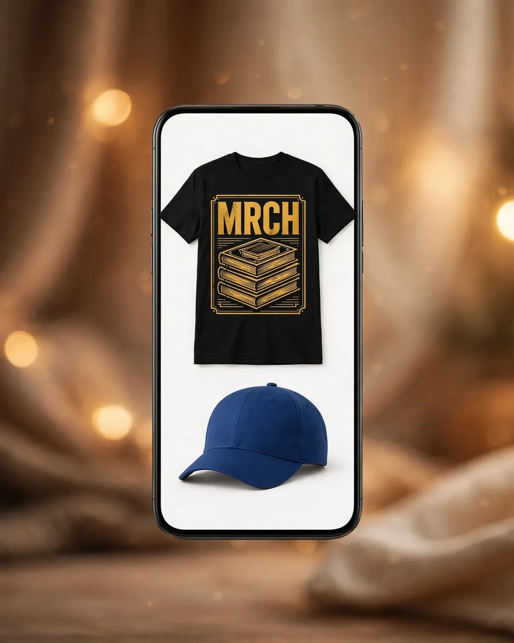 A MRCH storefront showing a graphic tee and cap