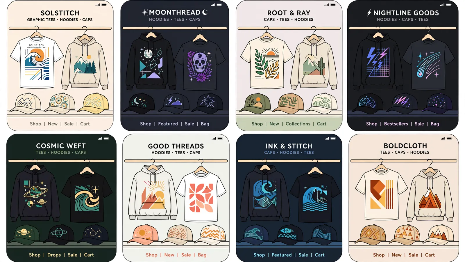 A wall of illustrative MRCH storefront mockups