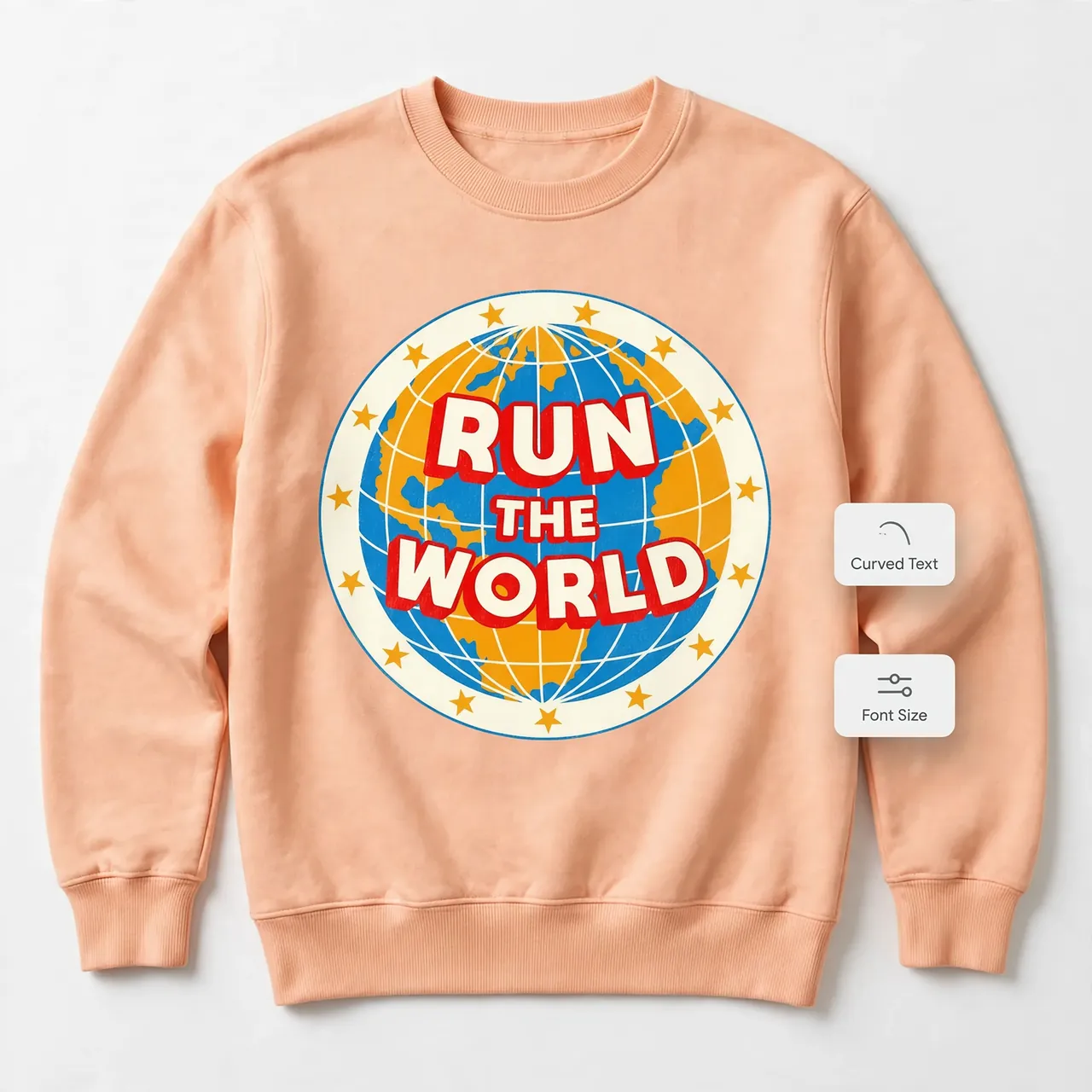 Crewneck sweatshirt with a curved badge graphic beside curved-text editing controls
