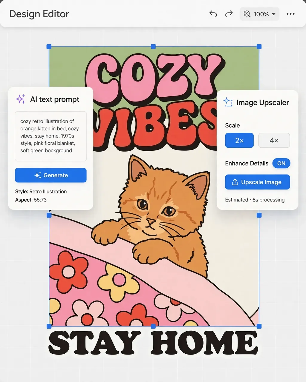 Design editor canvas holding a vintage-style illustrated graphic with prompt and enhancement panels