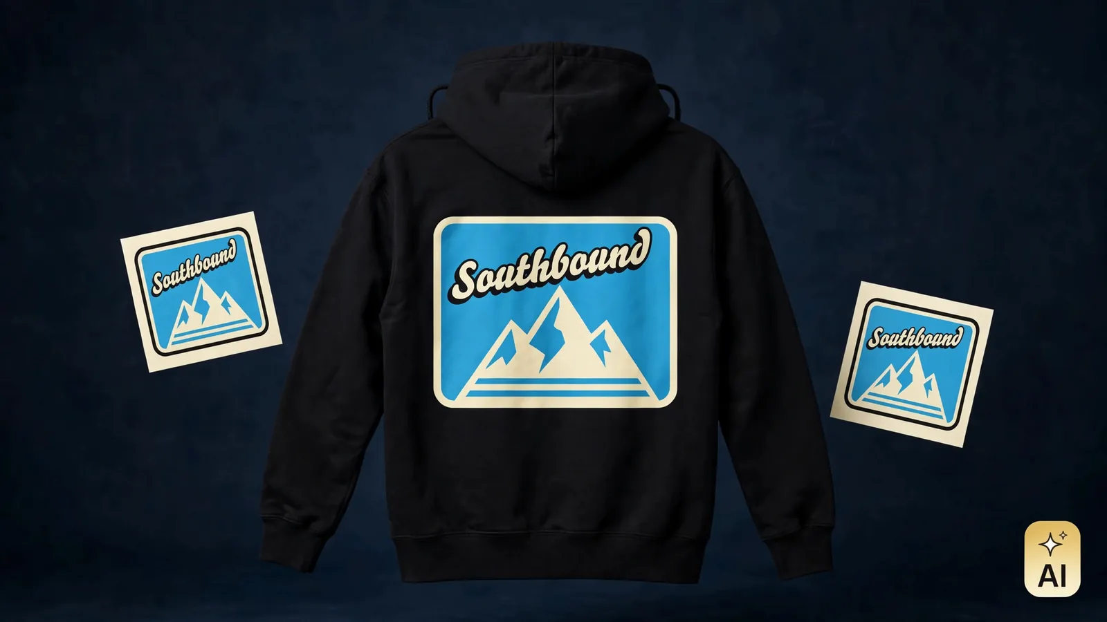 Black hoodie back print floating beside art cards on dark navy