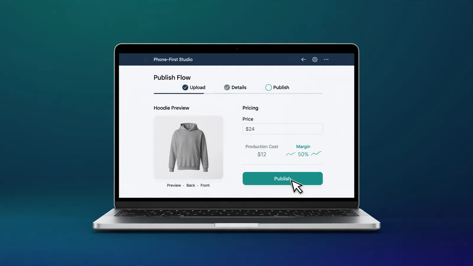Laptop showing the MRCH publish flow with a hoodie preview, price, cost, and margin