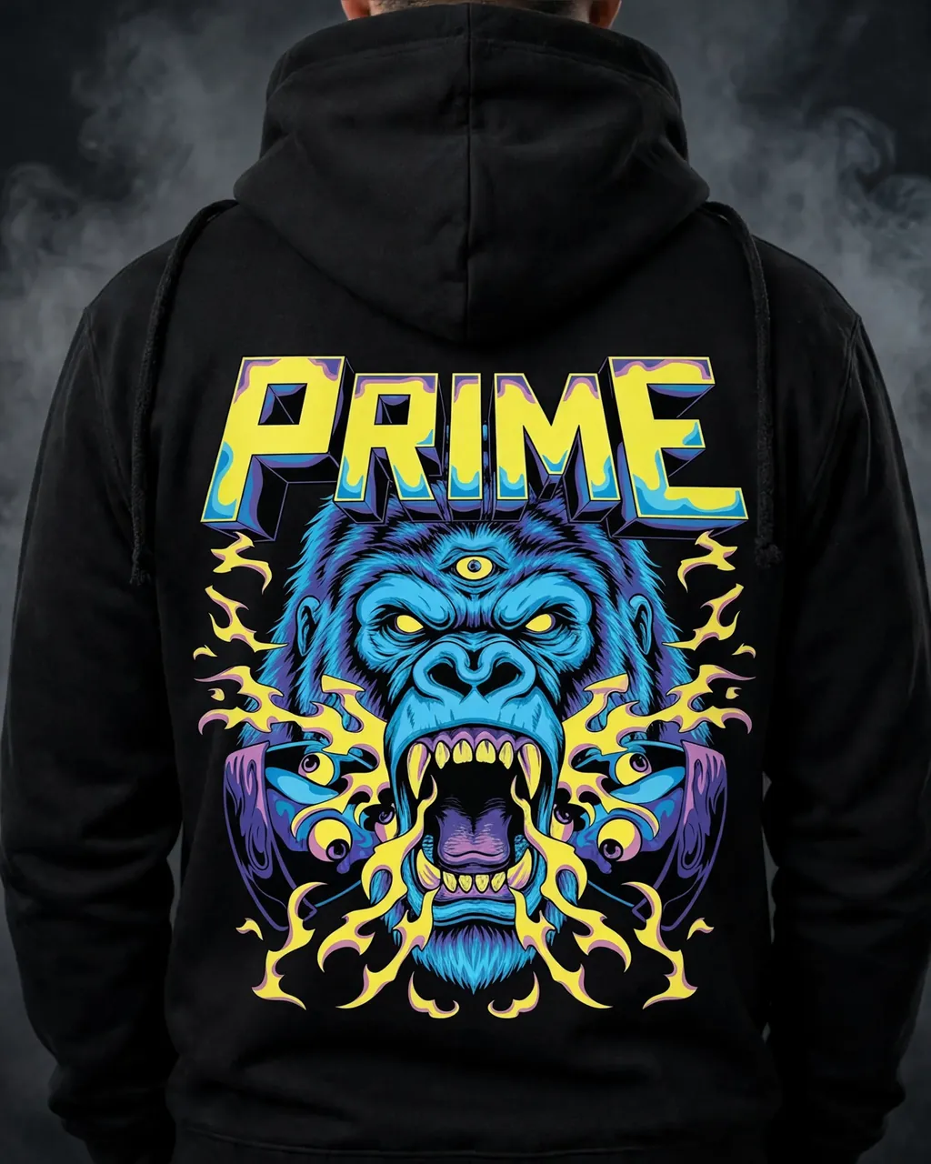 Model wearing a black pullover hoodie with a large back print