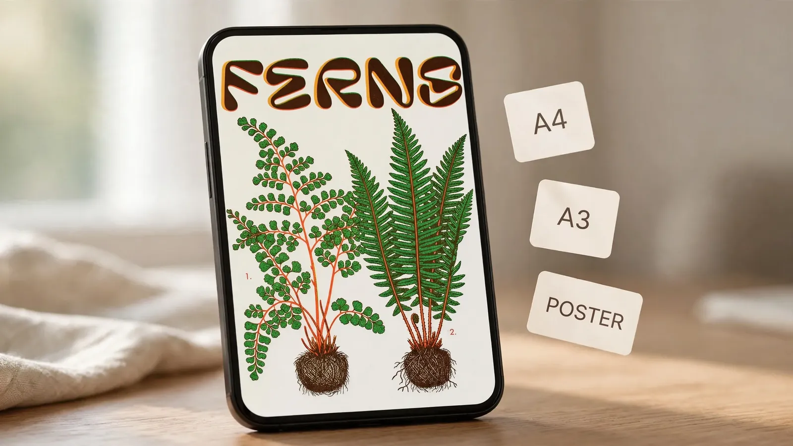 Phone previewing example fern poster art in the MRCH app