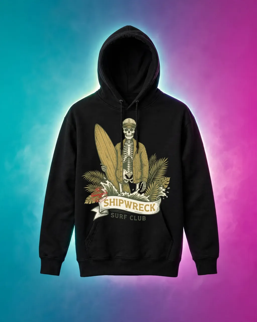Black hoodie centered on a vivid gradient studio backdrop