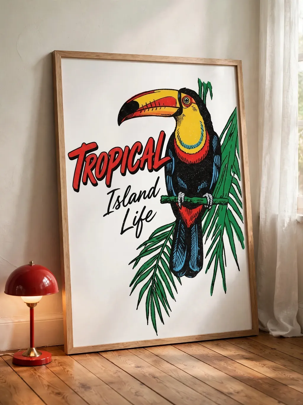 Framed matte poster styled in a bright bedroom corner