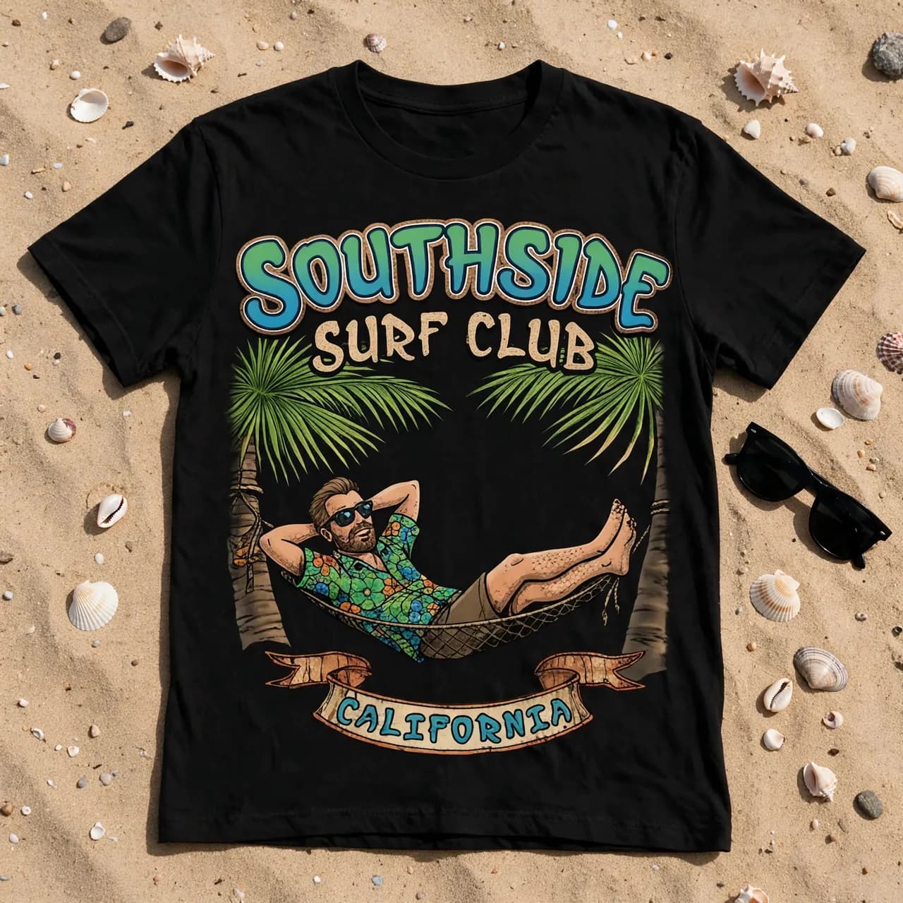 Black surf tee laid flat on sand with shells and sunglasses