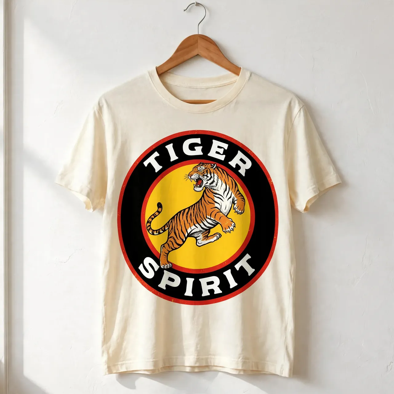 Cream tee on a hanger against a plain wall