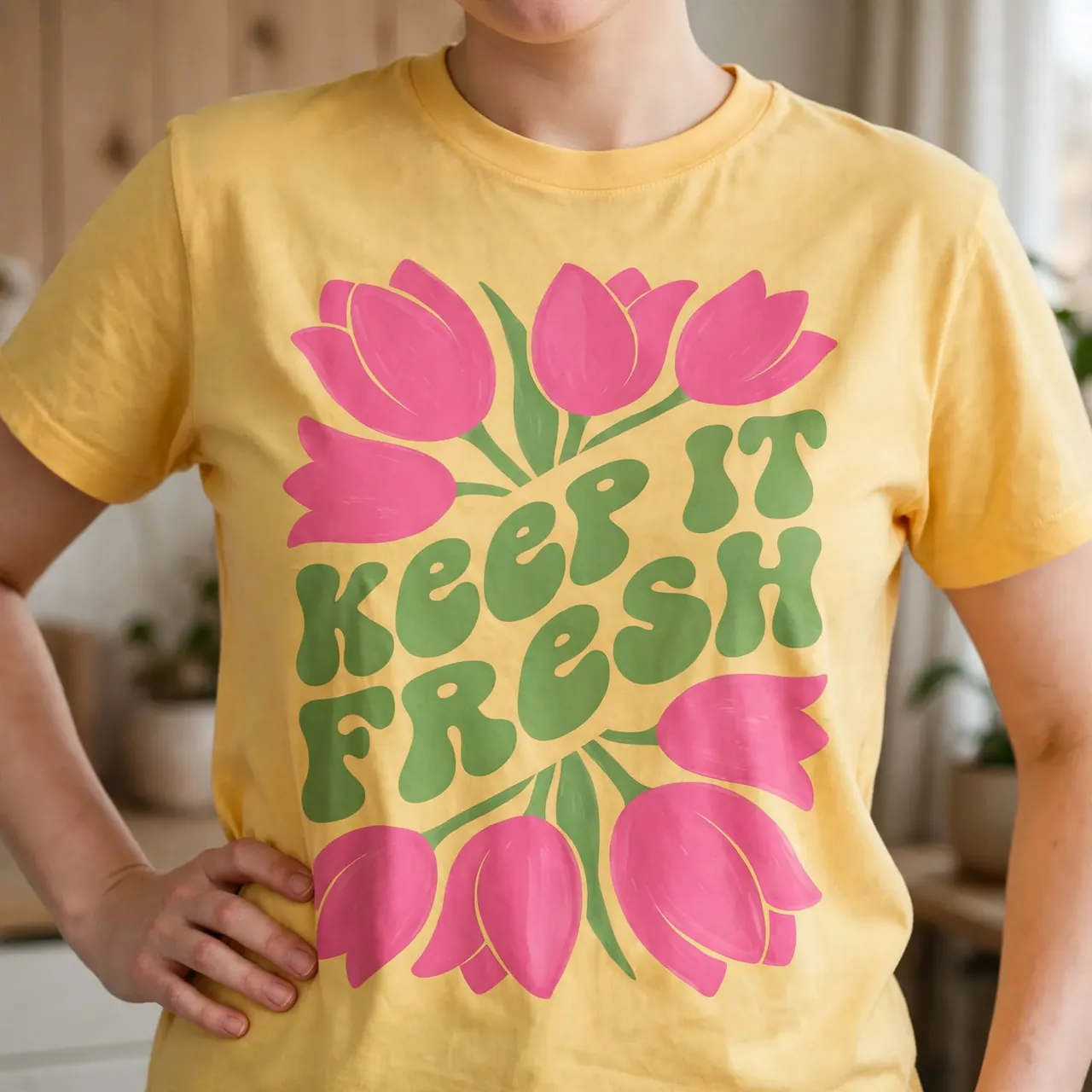 Model wearing a butter-yellow printed tee indoors, face cropped out