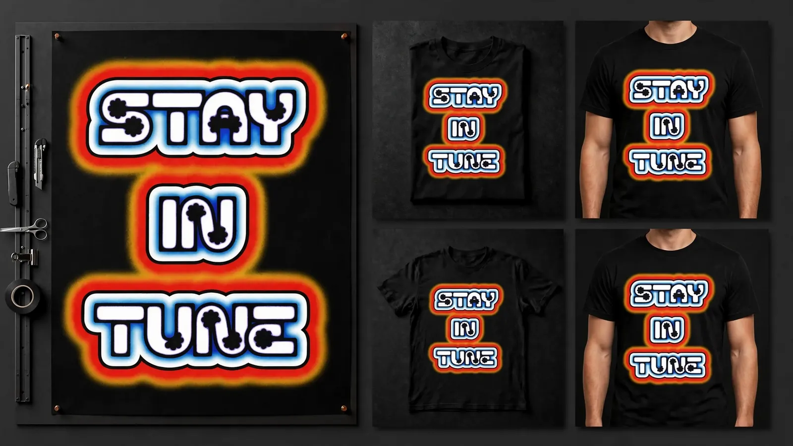 Studio board showing a bold graphic printed on black tee mockups