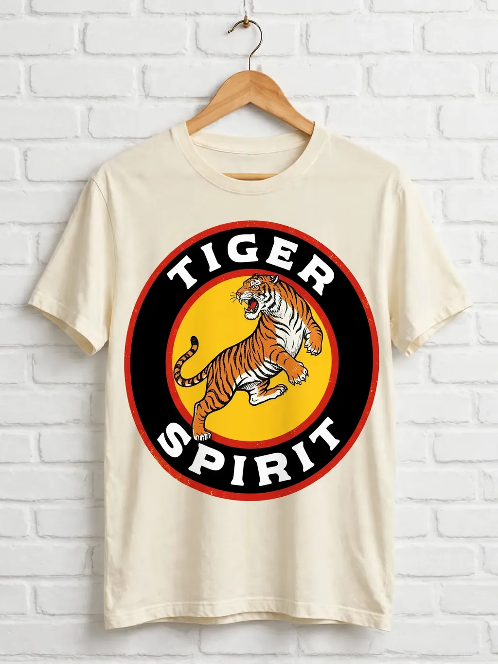 Cream tee on a hanger showing a vintage graphic preview