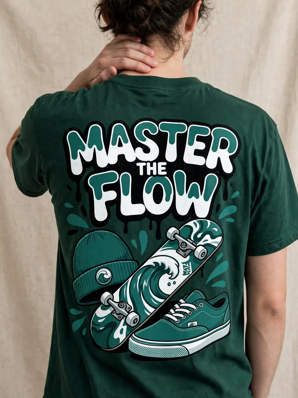Model from behind in a dark green tee with a back print
