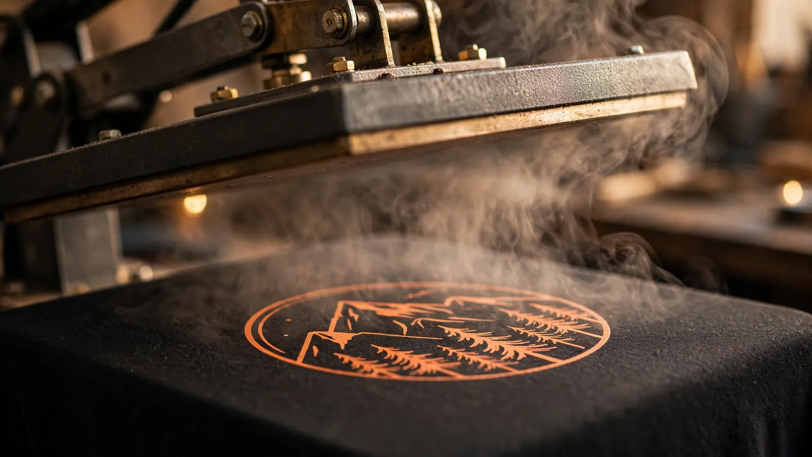 Heat press lifting off a freshly printed graphic on a dark garment