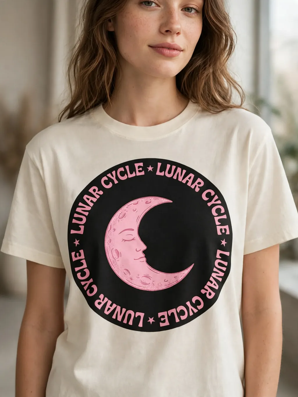 Model wearing a cream heavyweight tee with an original cosmic graphic