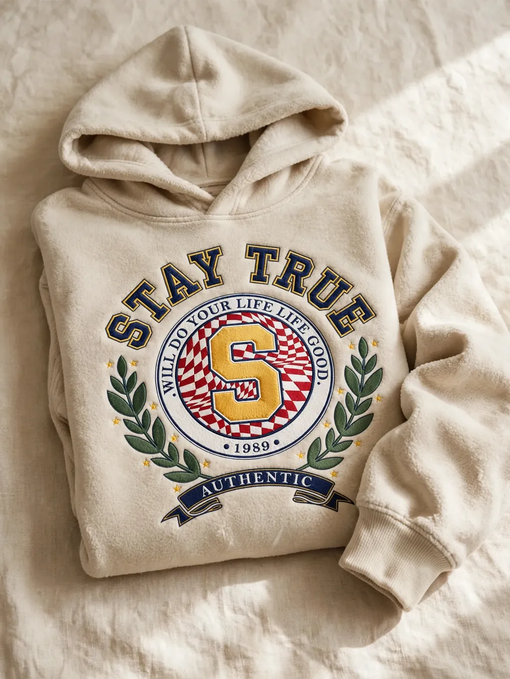 Folded hoodie showing an original crest graphic