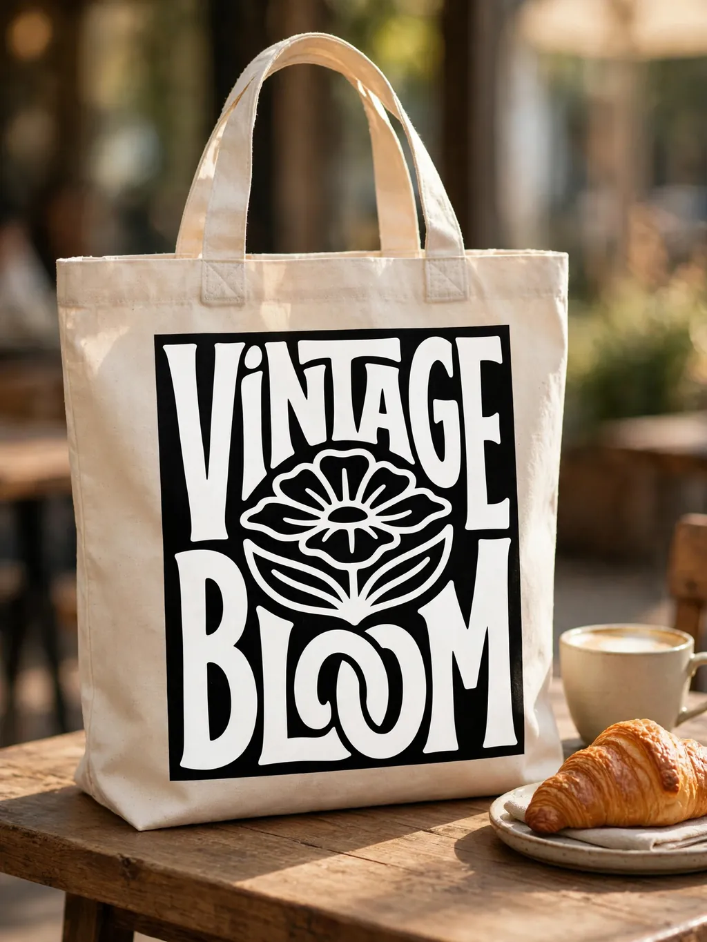 Custom canvas tote on a café table