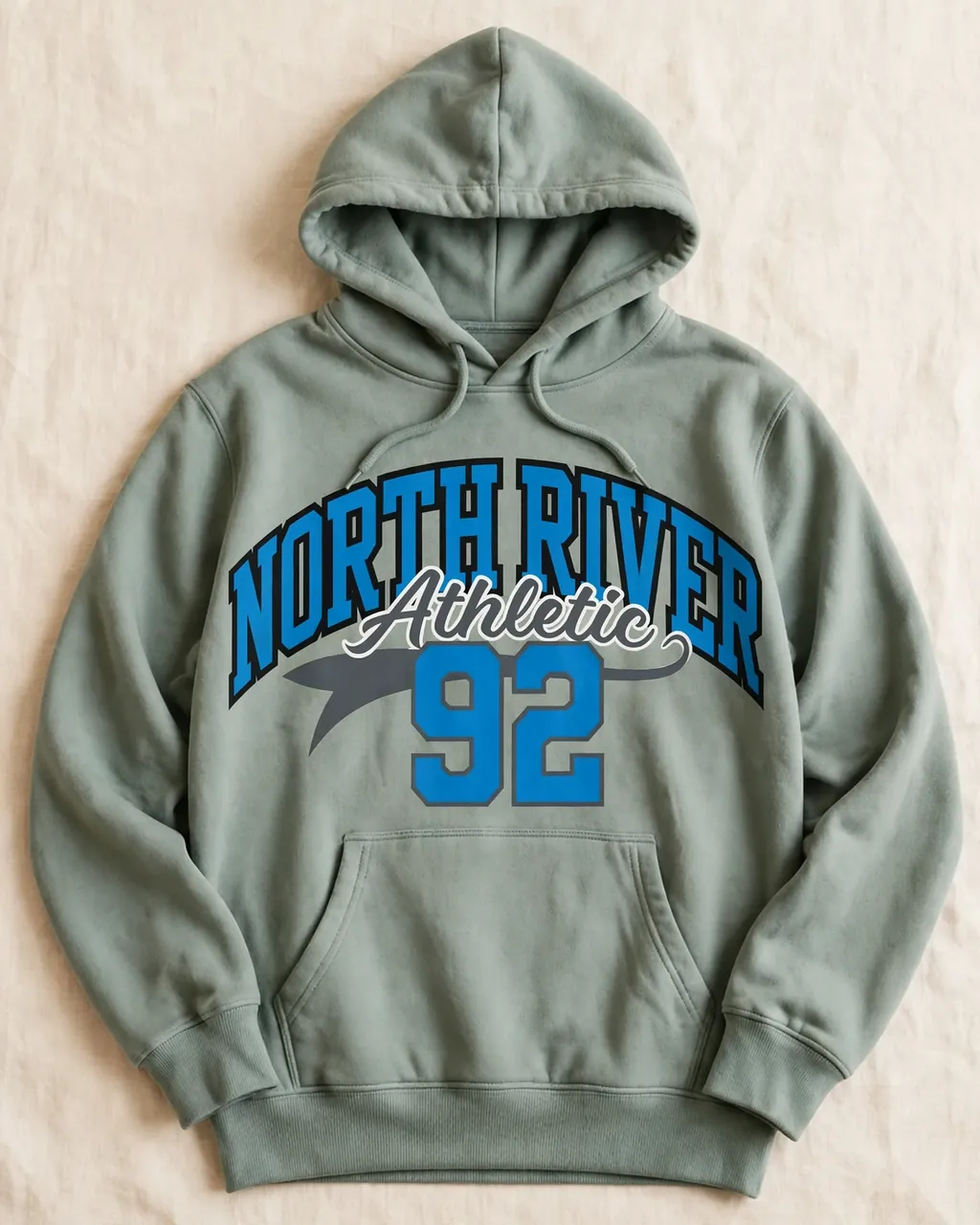 Sage hoodie with an original collegiate graphic