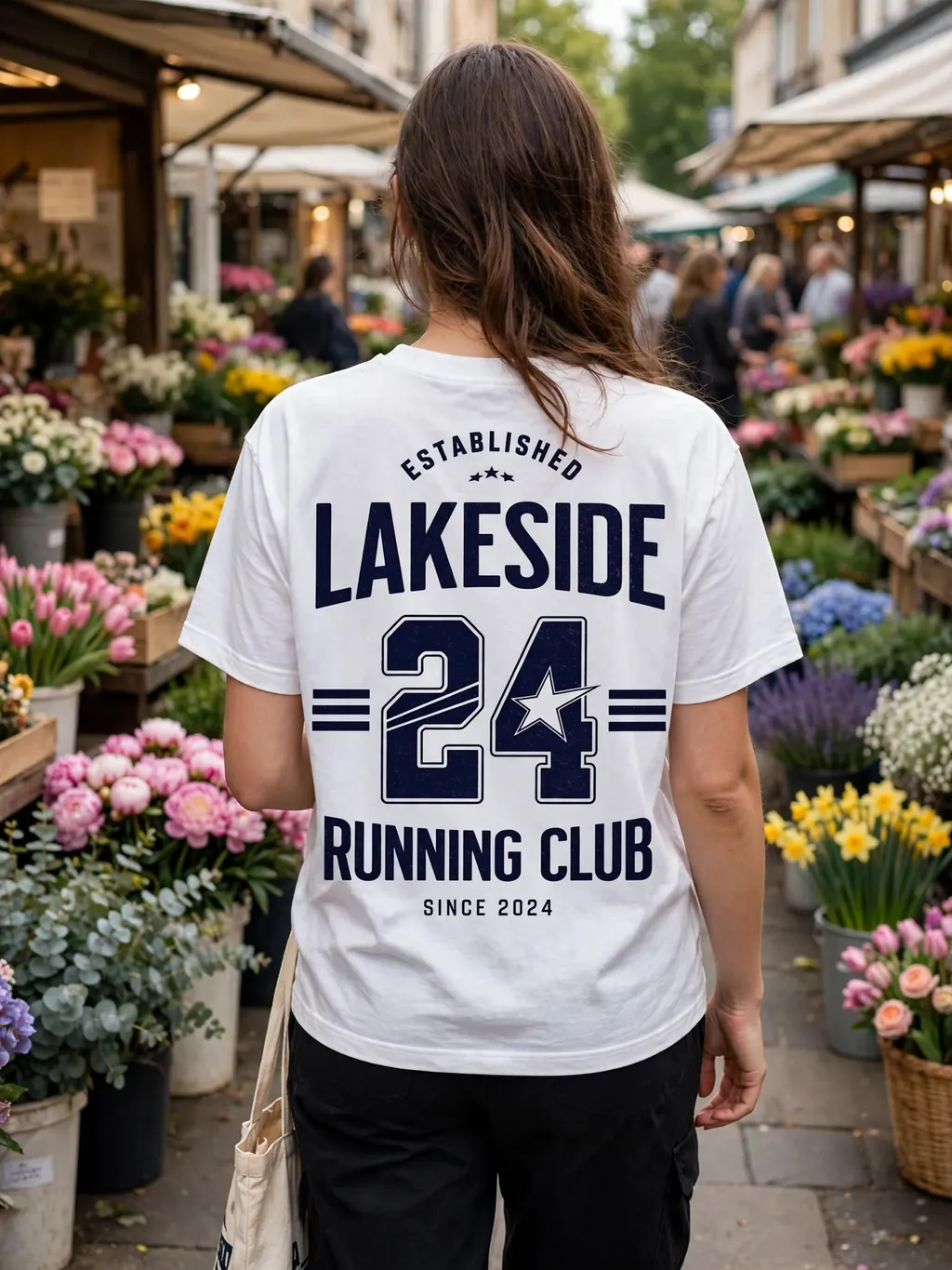 Person wearing a custom back-print tee in a flower market