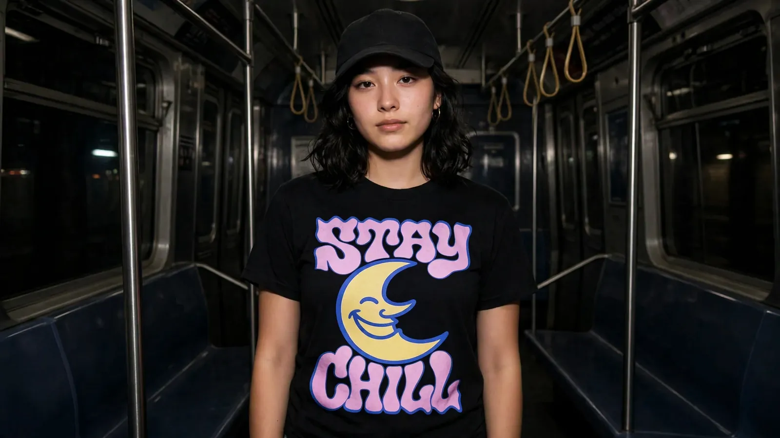 Person on a subway train wearing a custom black tee and cap