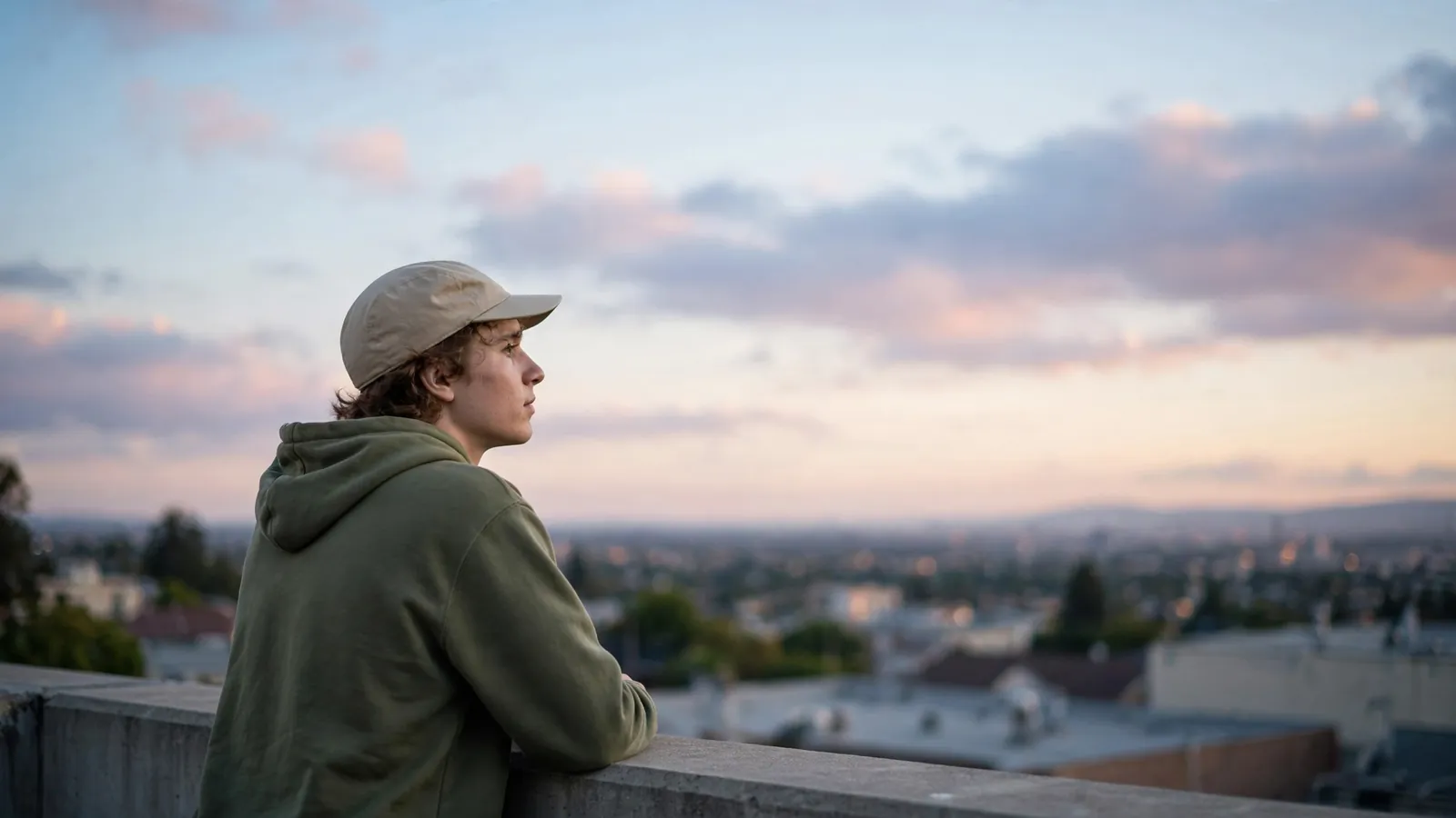 A creator wearing their own merch at dusk