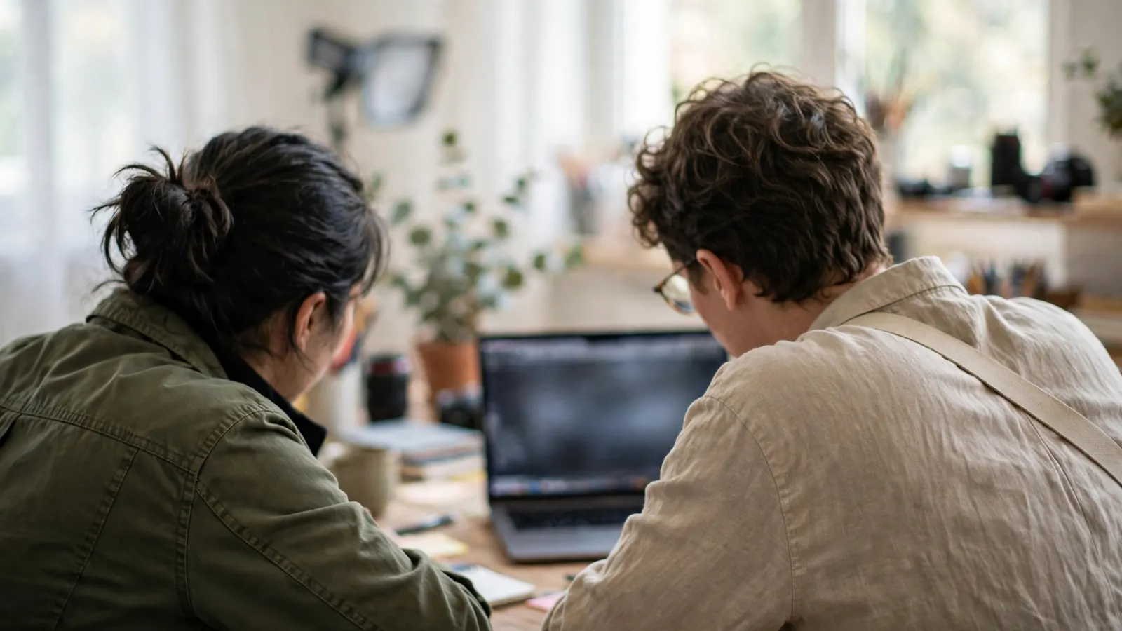 Two collaborators reviewing a design on a laptop
