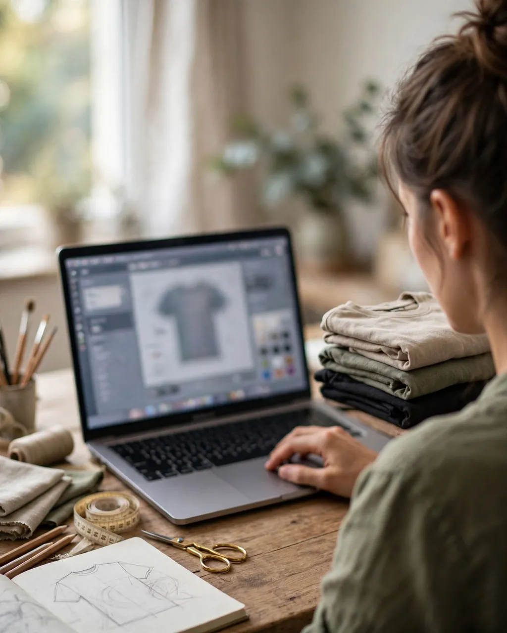 A creator sketching a tee design at a laptop
