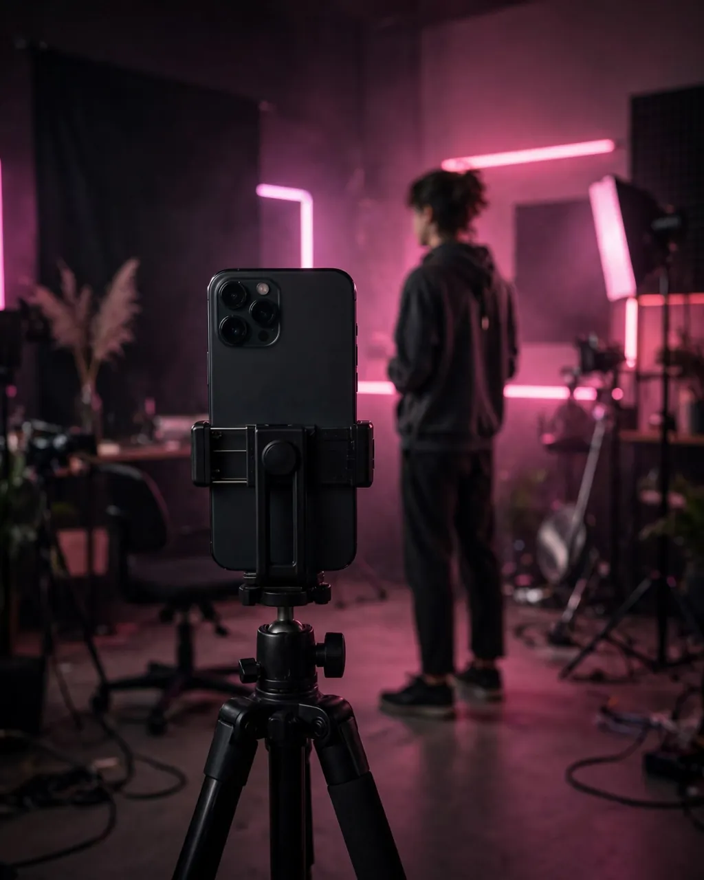 A phone on a tripod filming a promo in a studio